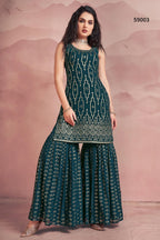 Xomantic Fashion WomenS Georgette Dupatta Xf-2267 Kurta Sharara Set_Teal