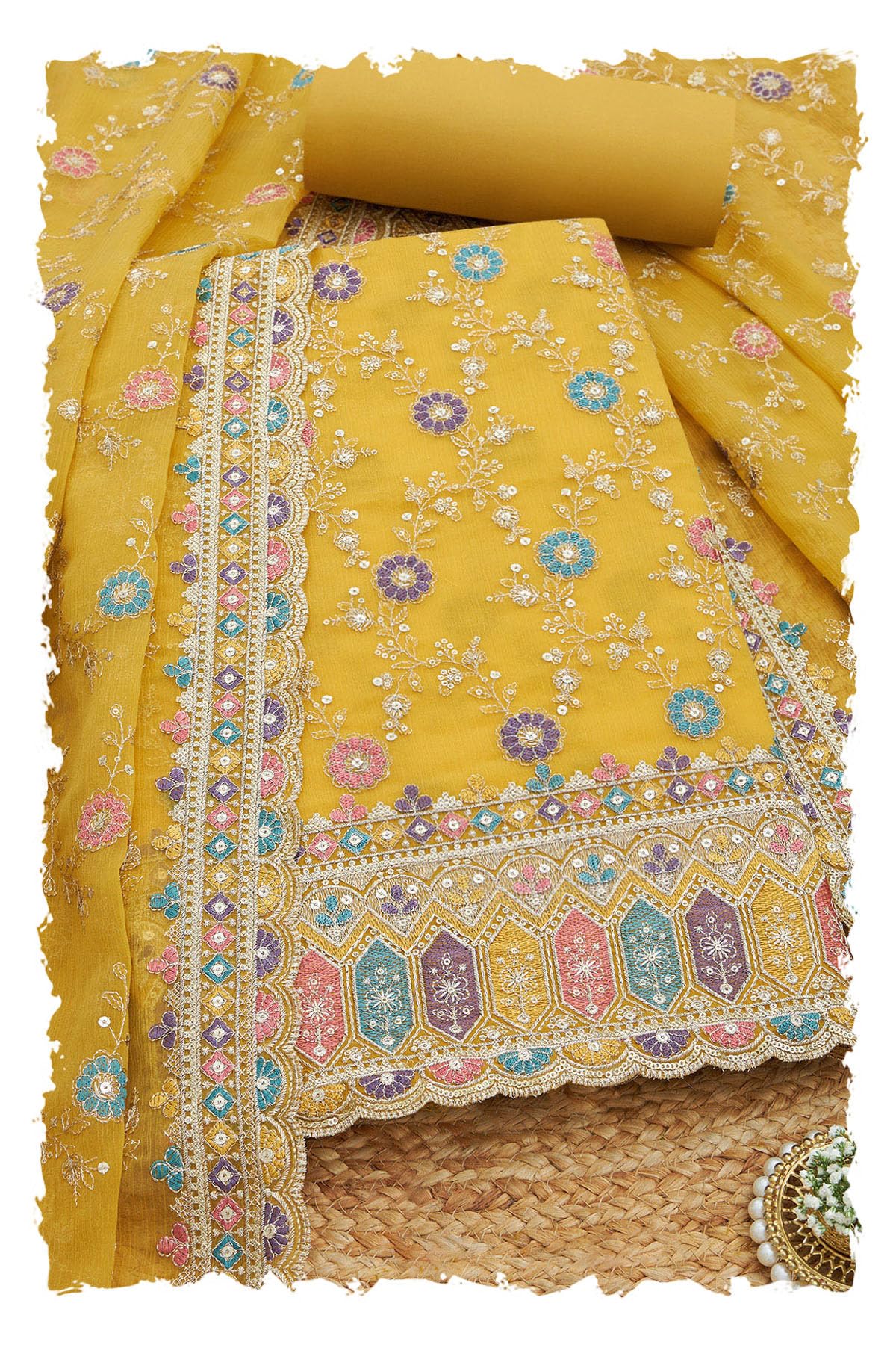 Soch Women Crinkle Chiffon Embroidered Unstitched Dress Material with Sequins