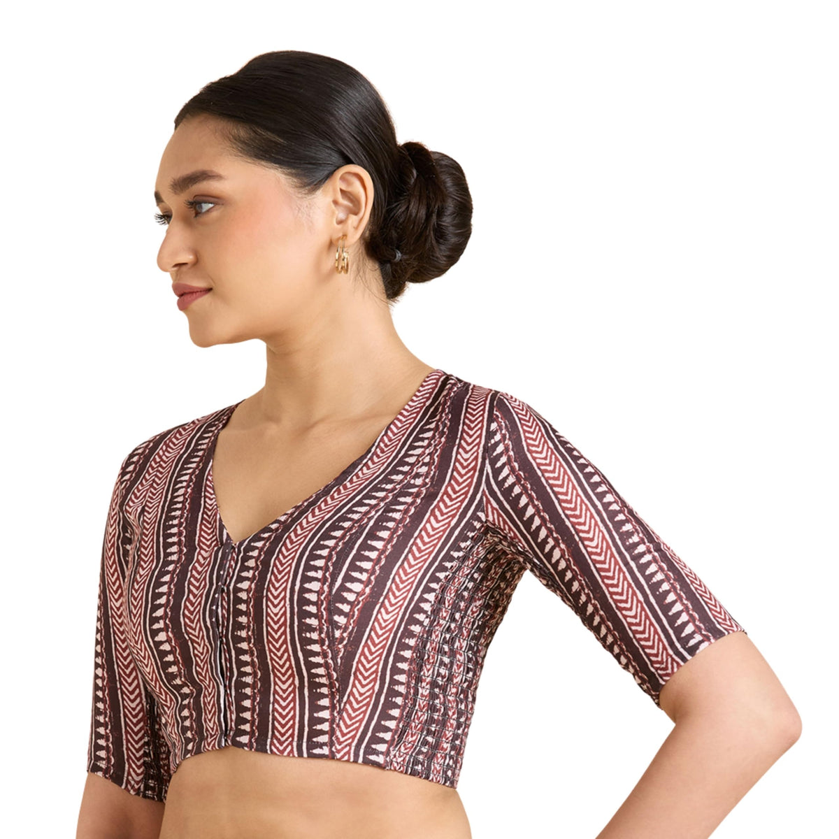 Studio Shringaar WomenS Brown Cotton Traditional Block Printed Side Stretch (Smocked) Saree Blouse (Brown, 40) 40