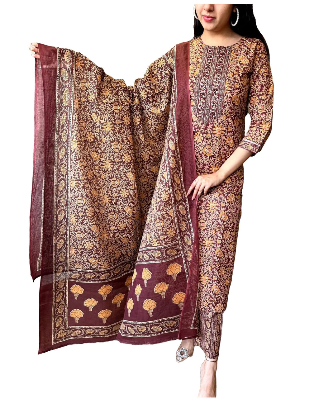 ANNI DESIGNER Womens Rayon Blend Straight Printed Kurta with Pant & Dupatta (Maslona Maroon_L_Maroon_Large)