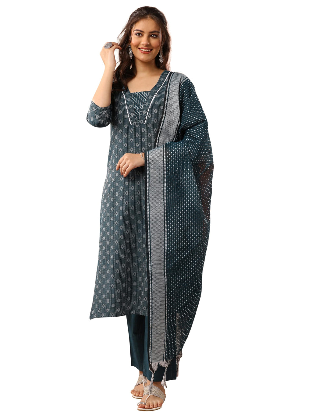 Gerua By Libas Printed Cotton Blend Straight Kurta With Trousers and Dupatta