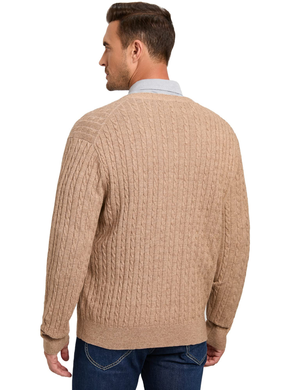 Kallspin Men's Cardigan Sweater Cashmere Wool Blend Cable Knit V Neck Buttons Cardigan with Pockets(Coffee, 3X-Large)