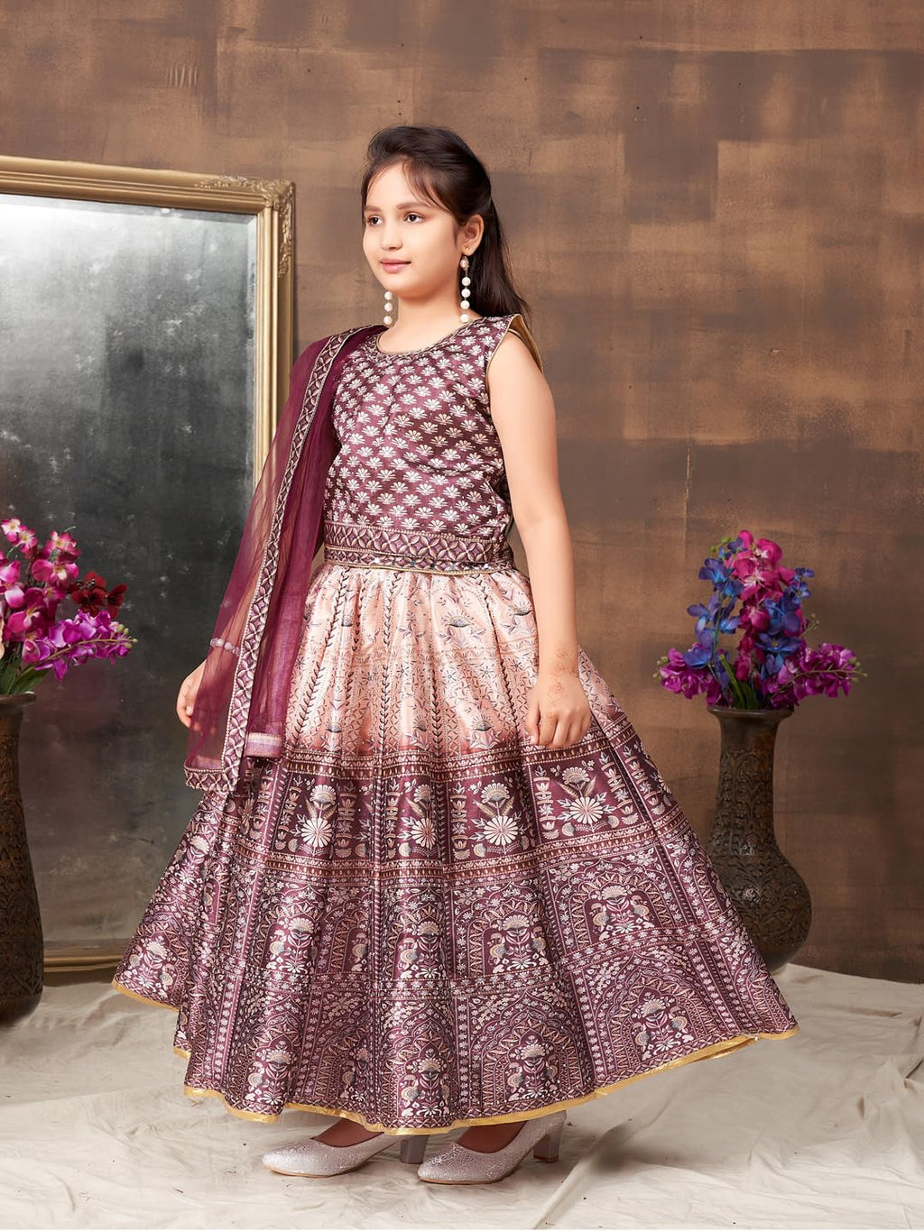 Aarika Girls Ethnic Wear Brown Colour Floral Print Embellished Stone Silk Lehenga Choli Set (5-11 Years)