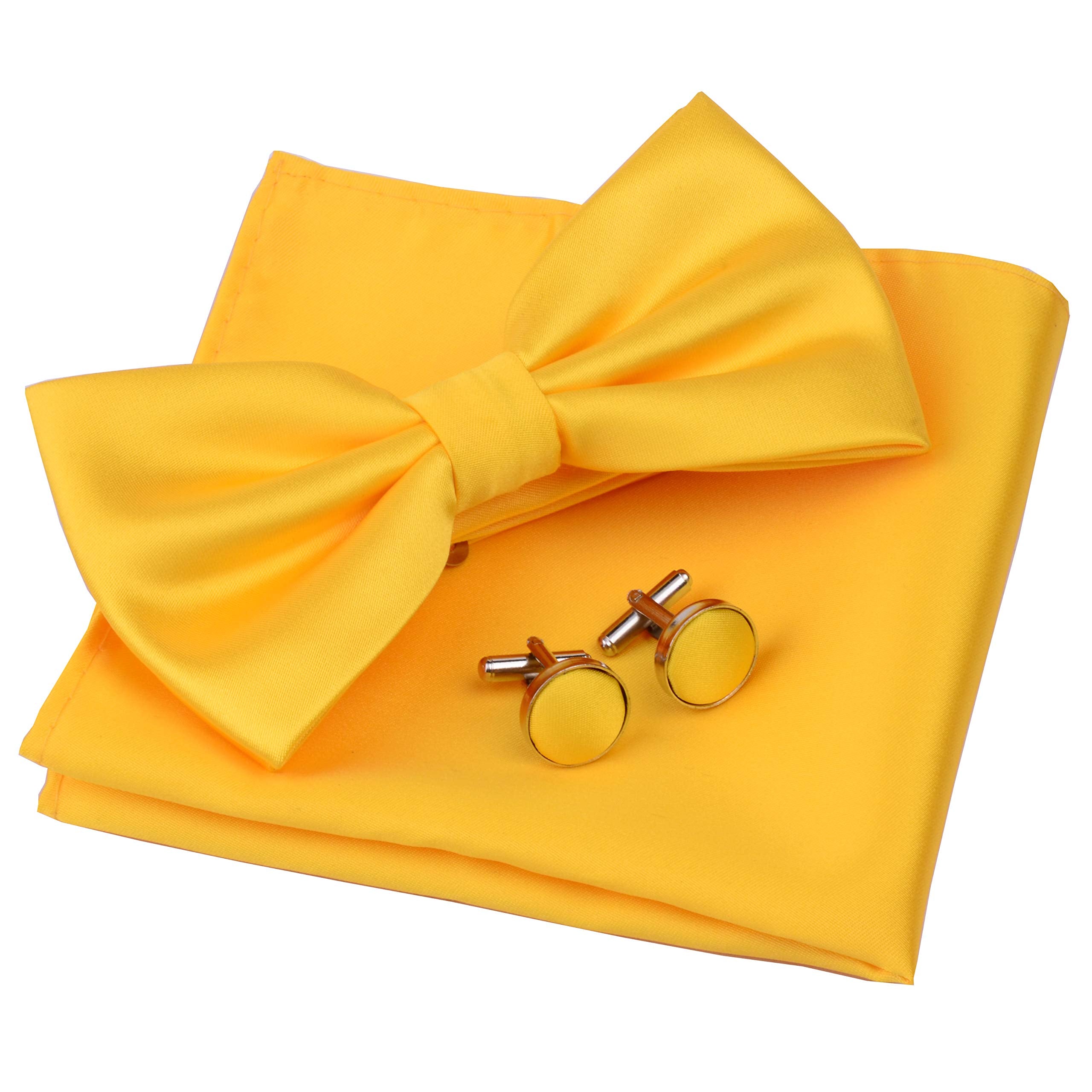 gUSLESON Solid color Wedding Bowtie Mens Pre-tied Yellow Bow Tie and Pocket Square cufflink Set (0570-03)