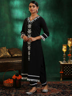 Libas Womens Embroidered Cotton Straight Kurta With Trousers And Dupatta