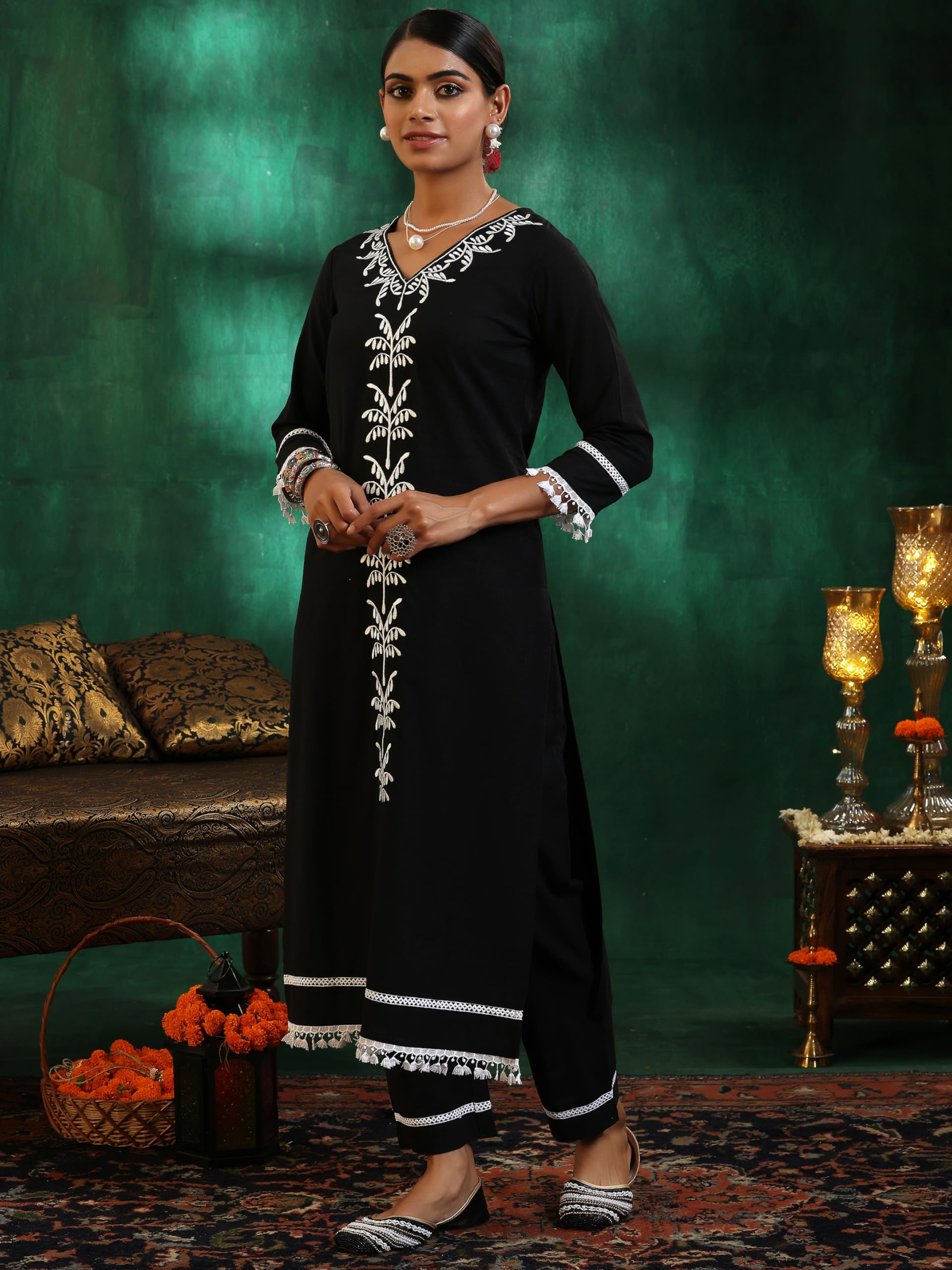 Libas Womens Embroidered Cotton Straight Kurta With Trousers And Dupatta