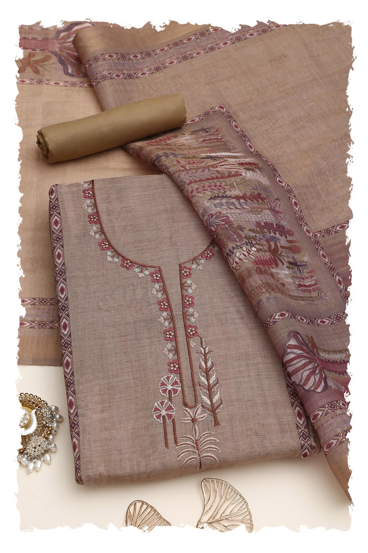 Soch Women Linen Shimmer Botanical Dress Material with Machine Embroidery and Thread Work