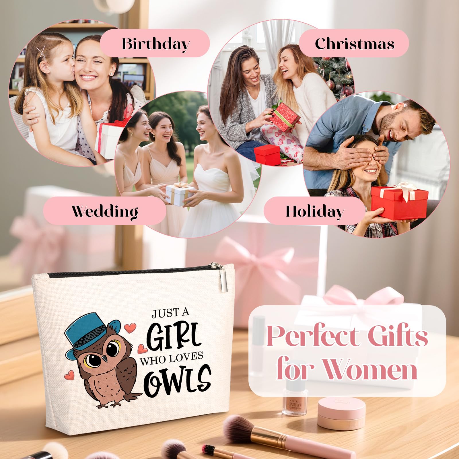 GevGuxLuo Owl Gifts for Owl Lovers, Owl Makeup Bag for Women with Mirror, Owl Birthday Gifts for Daughter Sister Bestie, Cute Ow