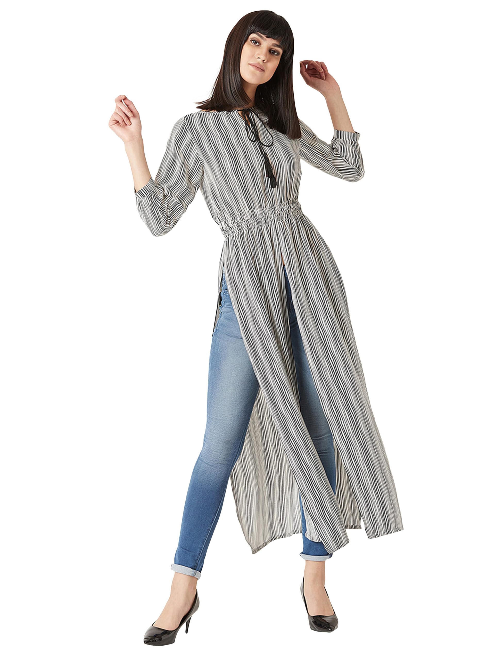 Miss Chase WomenS Round Neck 3/4 Sleeve Striped Tassel Tie-Up Detailing Maxi Top (Mcaw18Tp11-99-98-07, Black And White, Xxl)