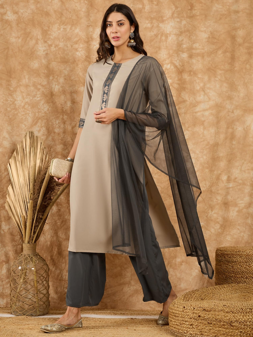 Ziyaa Women'S Beige Crepe Kurta,Palazzo Set With Dupatta