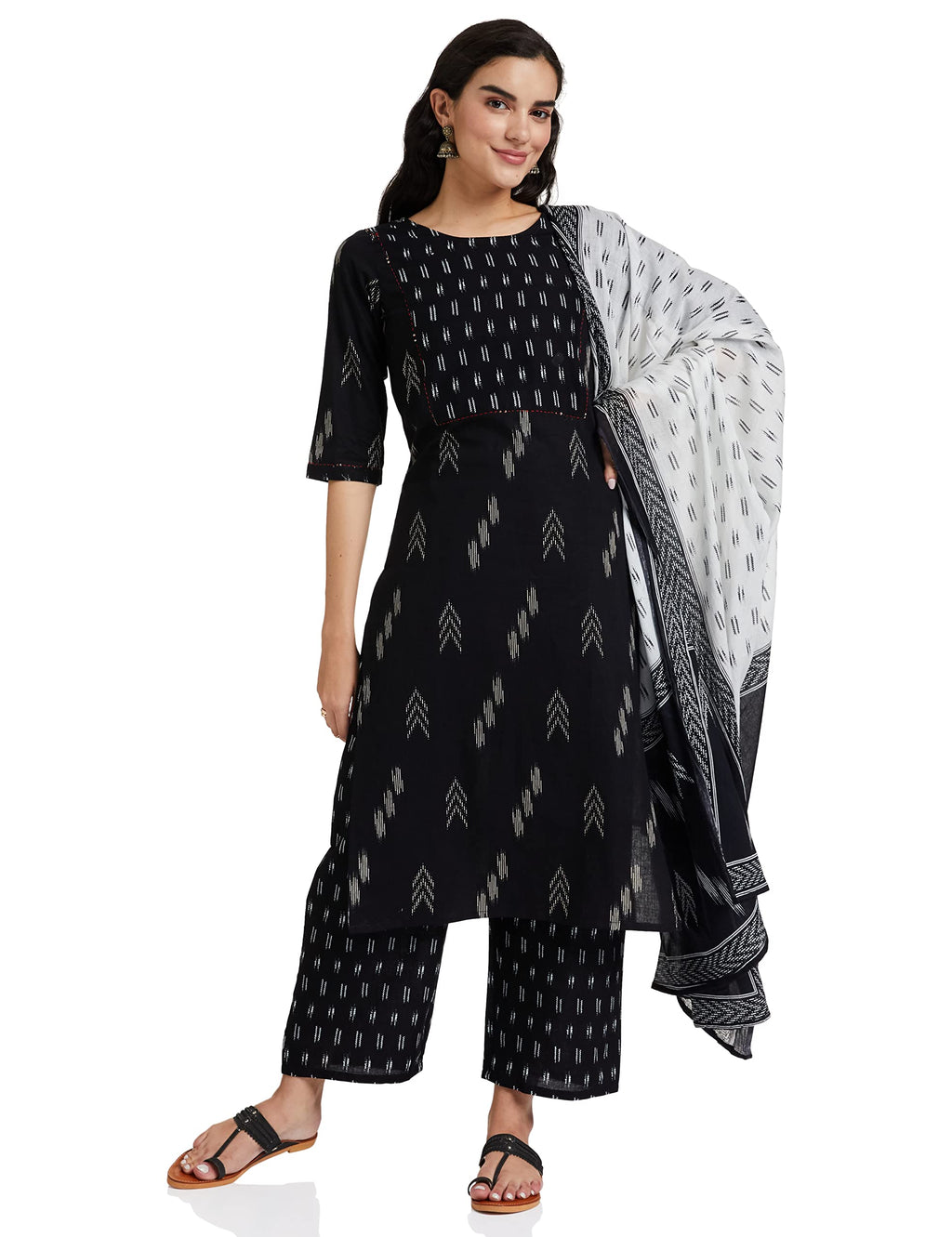Rytras Women'S Cotton Straight Kurti With Palazzos And Dupatta (Ryt251_Black_Small)