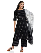 Rytras Women'S Cotton Straight Kurti With Palazzos And Dupatta (Ryt251_Black_Small)