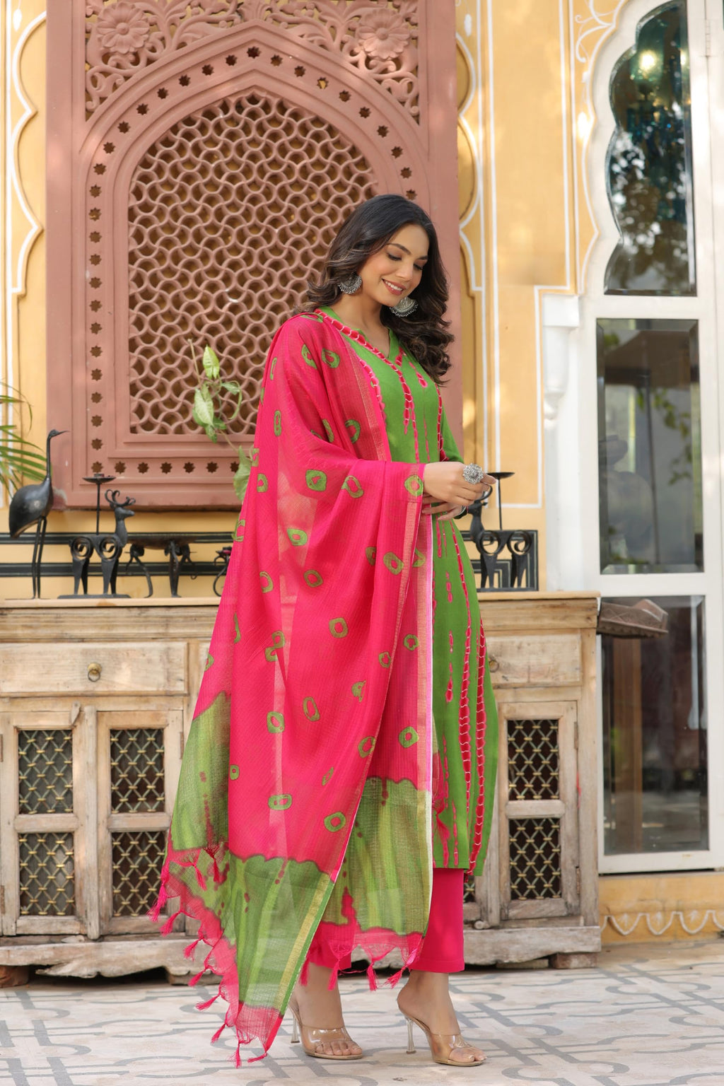ANNI DESIGNER Ladies Cotton Blend Kurta with Trousers and Dupatta, green, S