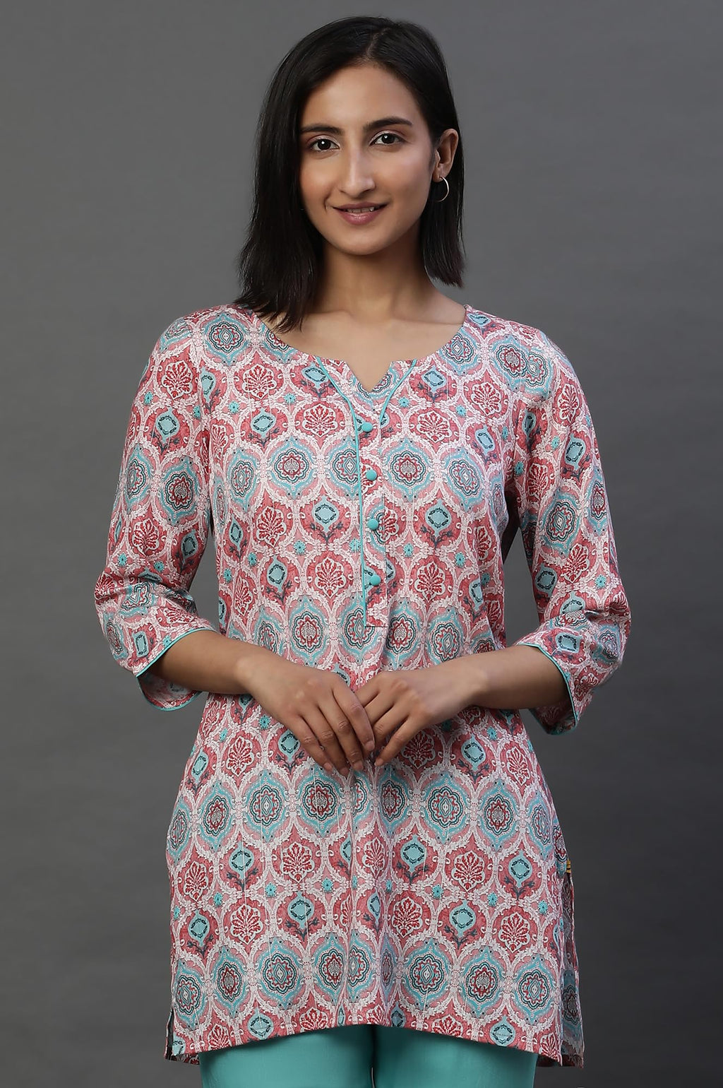 Aurelia WomenS Cotton Floral Regular Kurti (24Fea30415_Pink