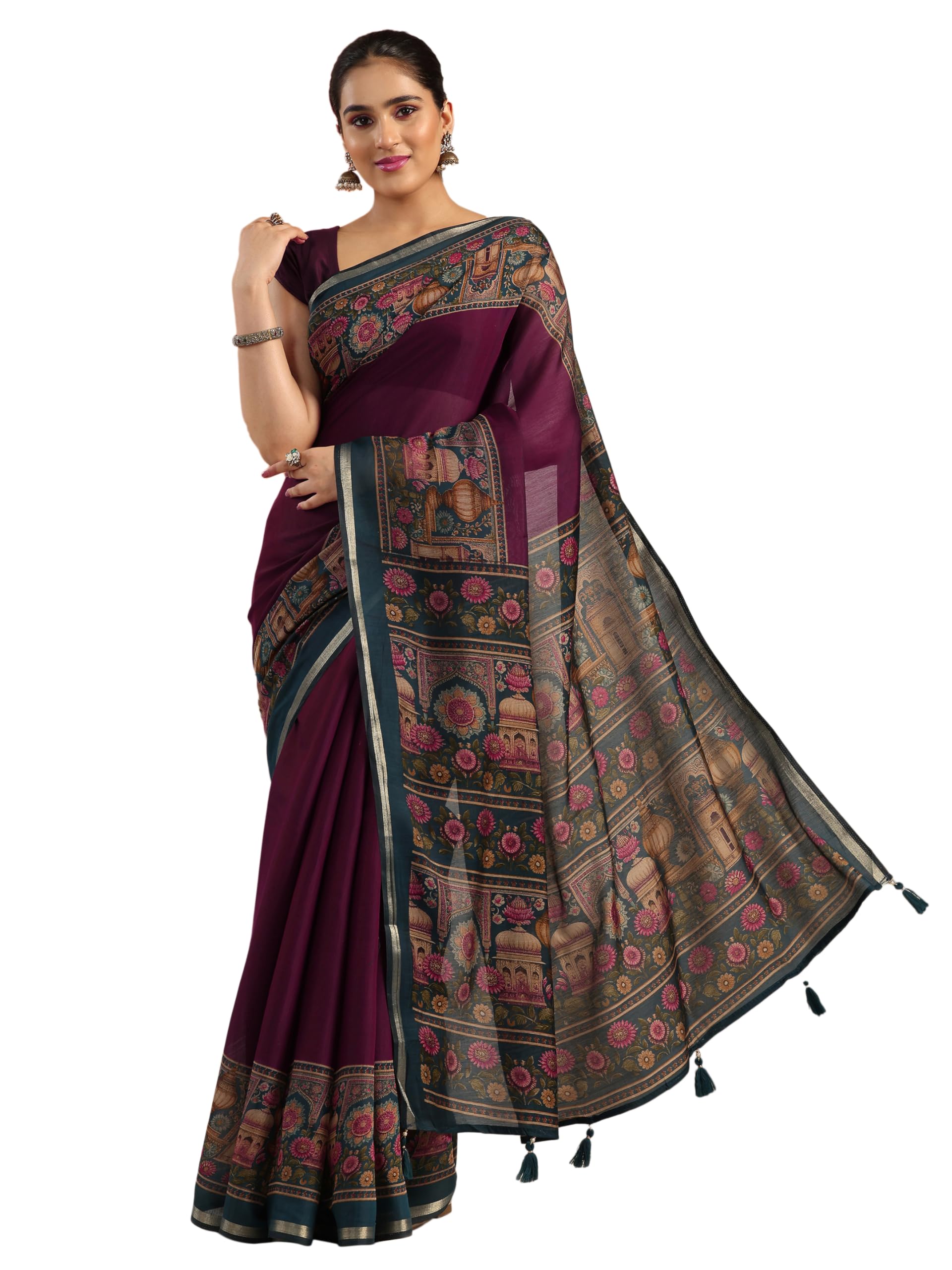 Libas Solid Cotton Blend Saree With Unstitched Blouse Piece