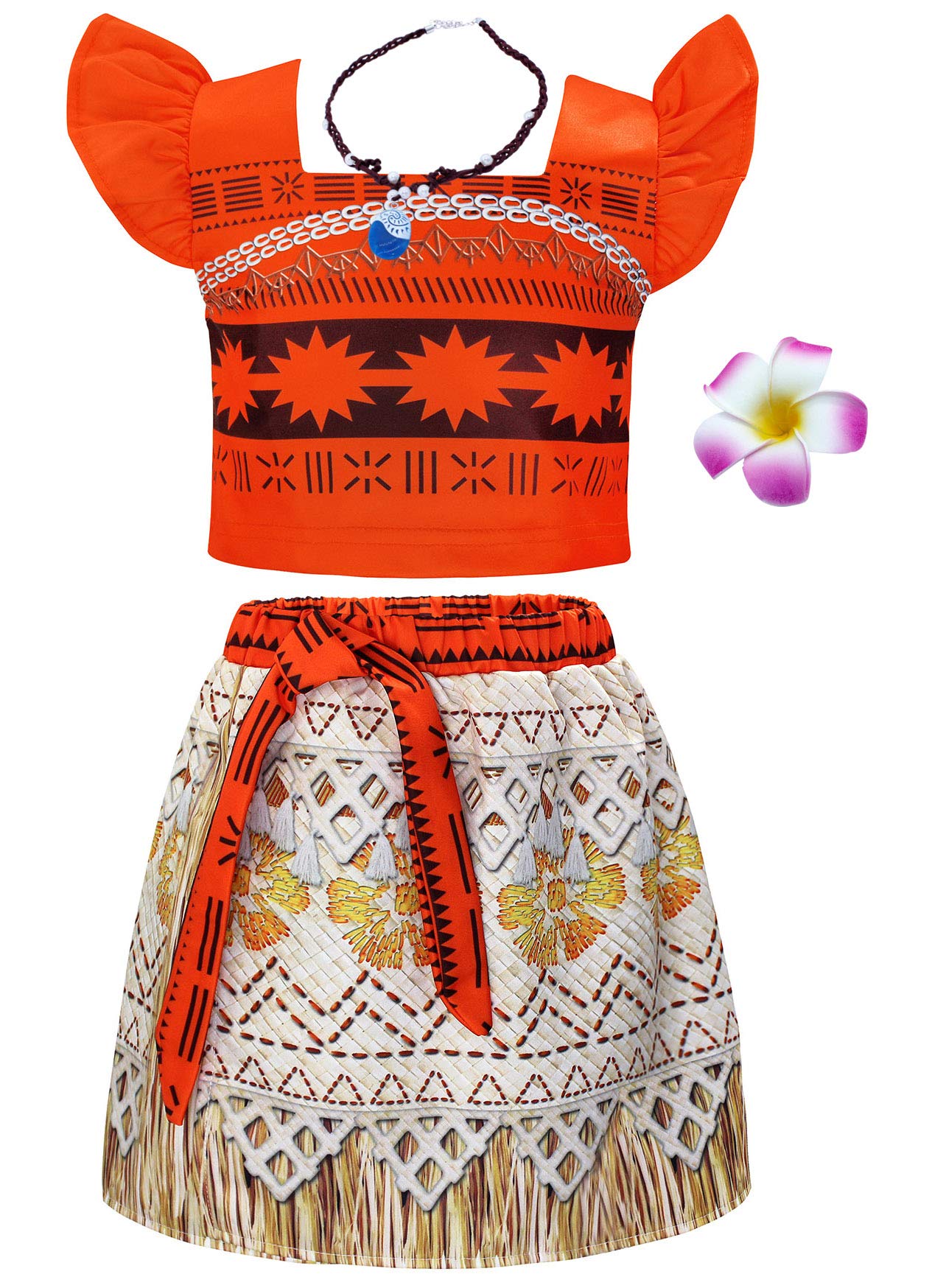 Jurebecia Little Girls Moana Costume Ruffle Sleeve Dress Set Princess Dress up Fancy Birthday Party Outfit Kids Halloween Theme 