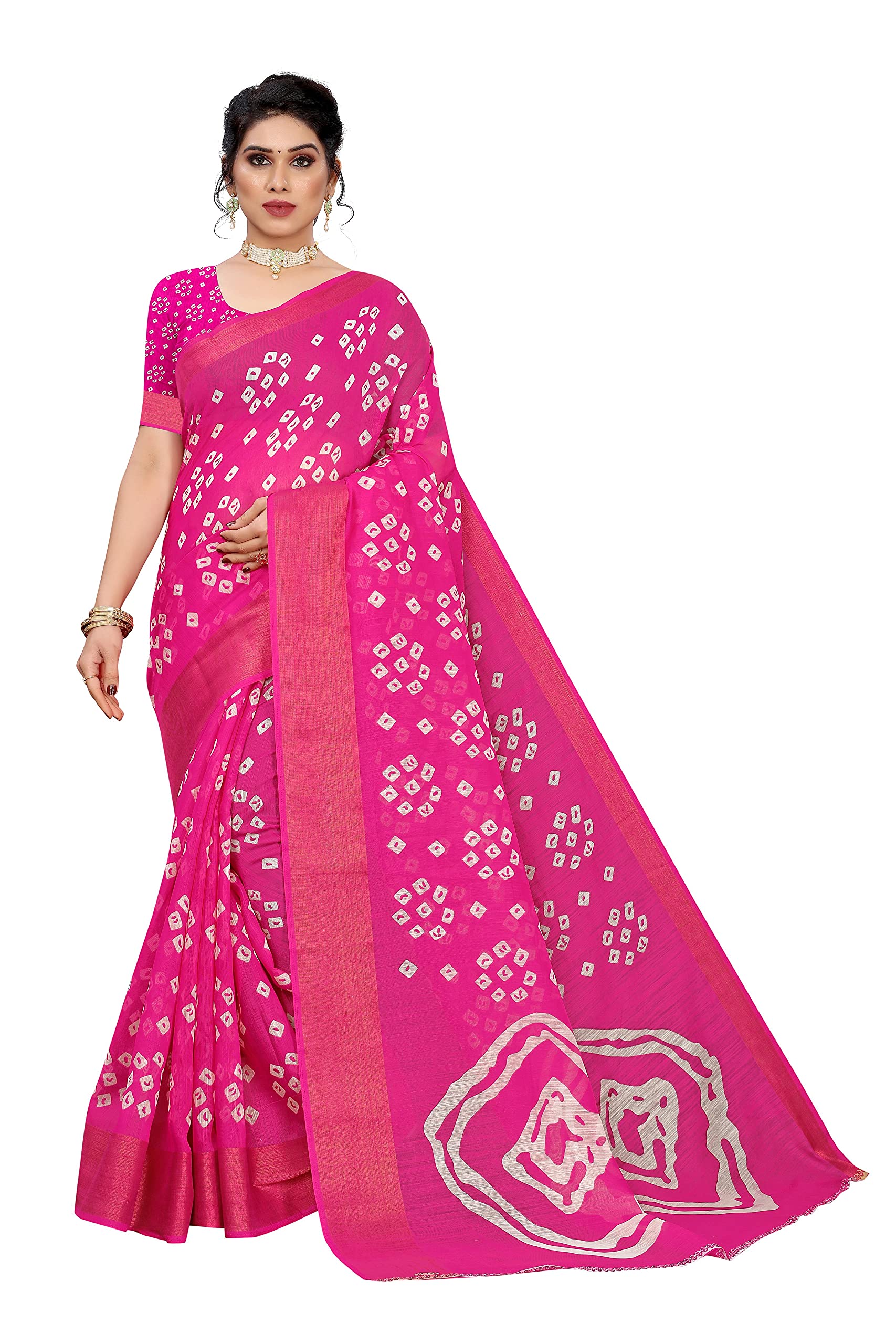 Anni Designer WomenS Linen Cotton Geometric Printed Saree With Blouse Piece (Farha Pink_Pink)