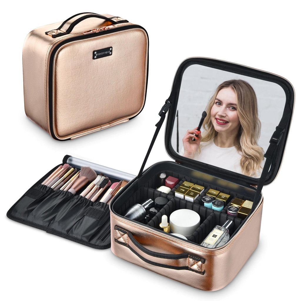 BYOOTIQUE Large Makeup Bag Travel Portable Cosmetic Storage Case with Mirror & Adjustable Dividers Organizer for Cosmetics Makeu
