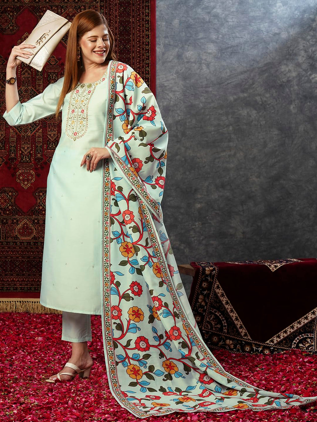 ANNI DESIGNER Ladies Cotton Blend Kurta with Trousers and Dupatta, grey, M