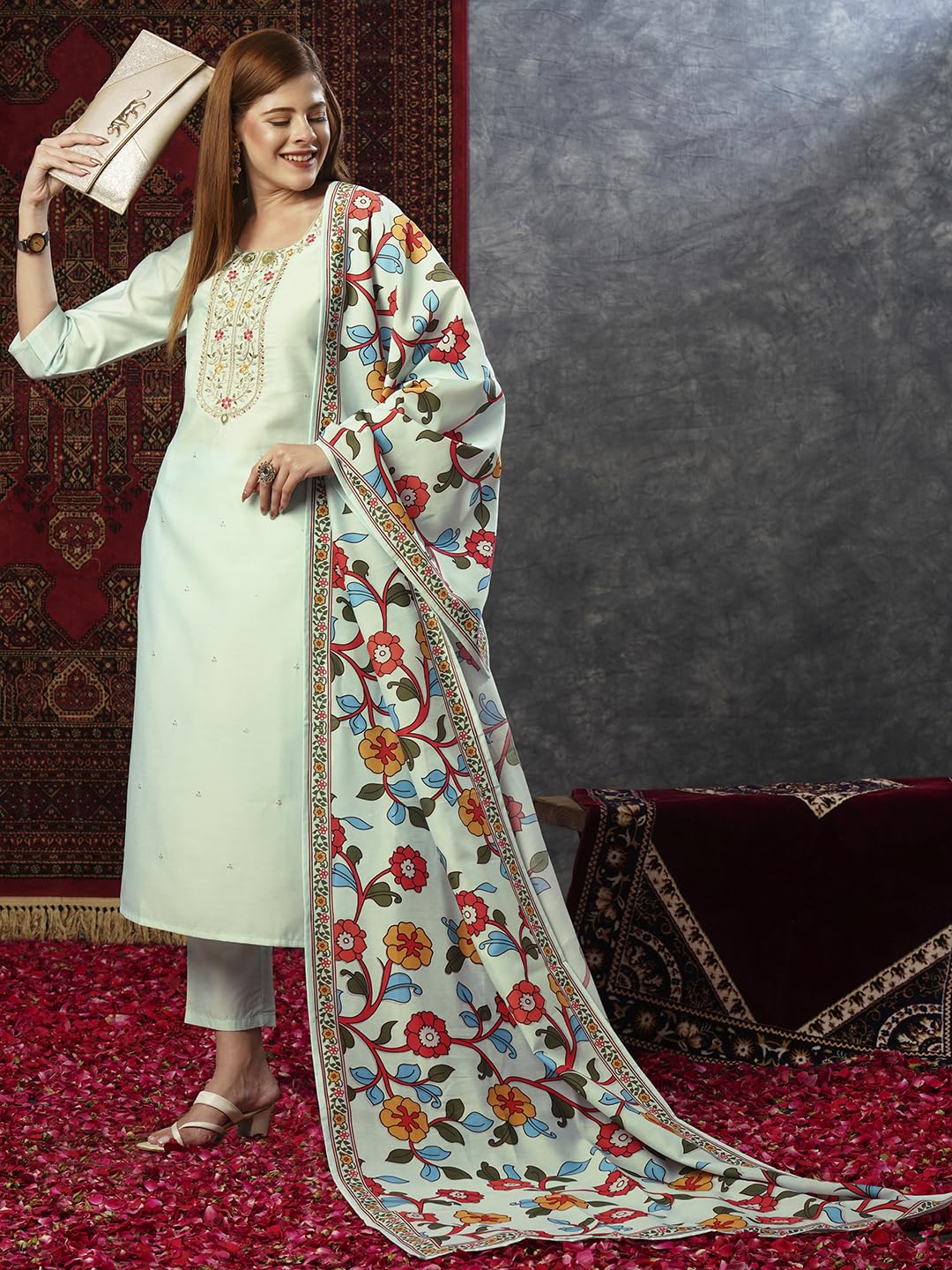 ANNI DESIGNER Ladies Cotton Blend Kurta with Trousers and Dupatta, grey, M