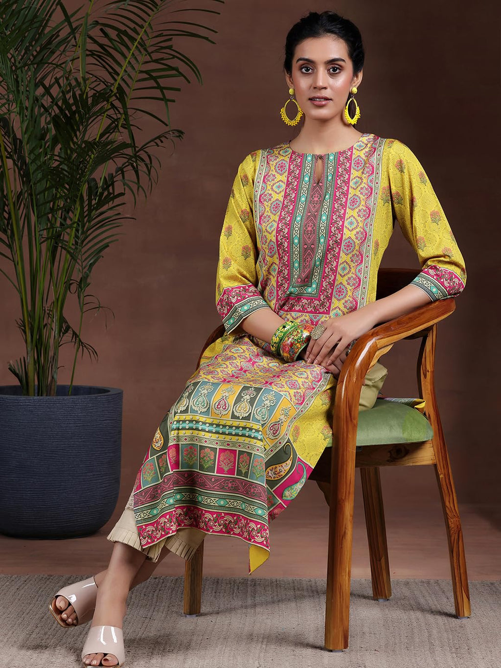 Libas WomenS Crepe Ethnic Motifs Straight Kurta (292590R Mustard