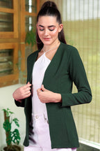 POPWINGS Women Casual Dark Green Solid Open Long Shrug