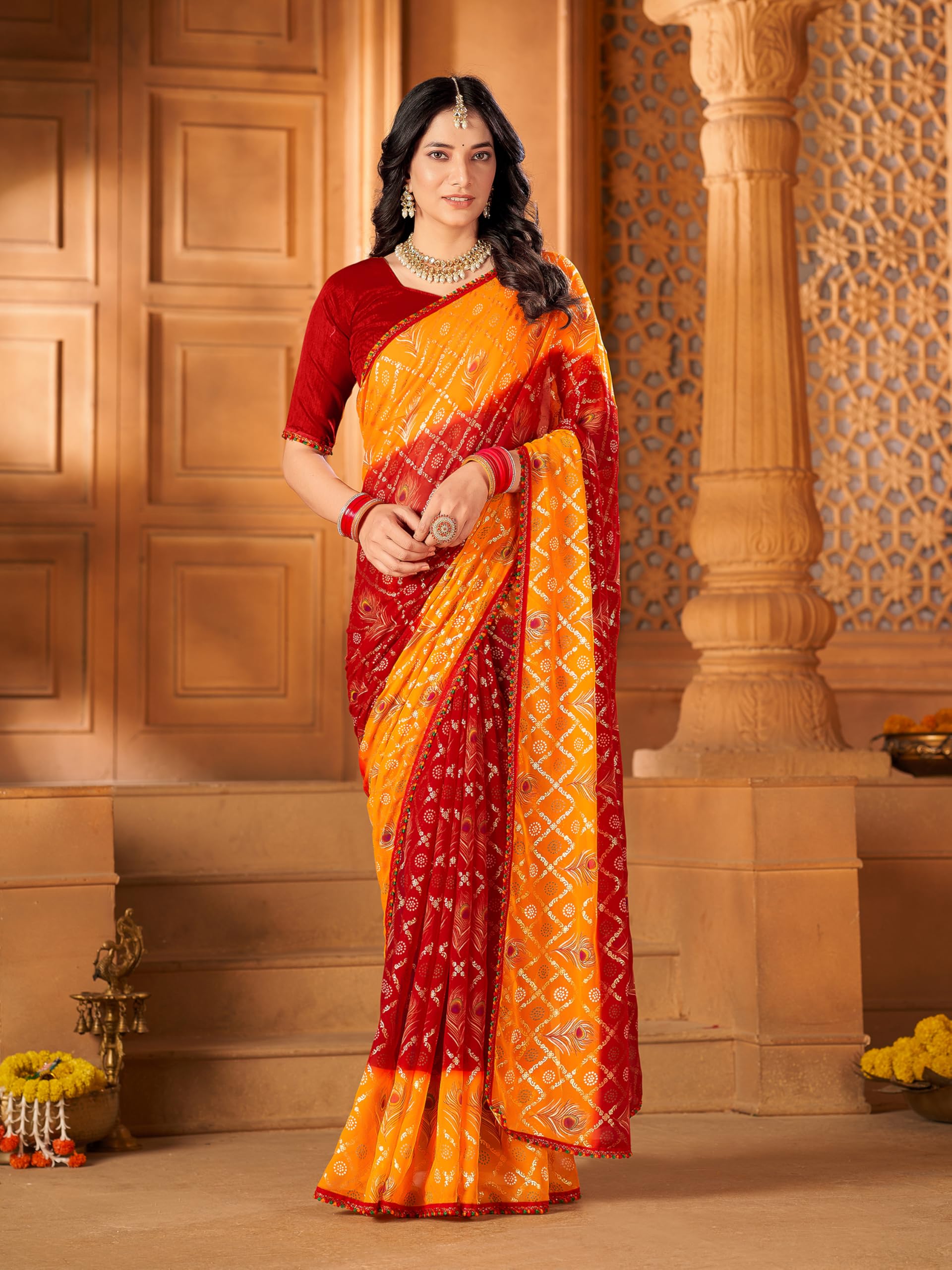 Glory Sarees Womens Georgette Bandhani Foil Print Saree With Blouse Piece