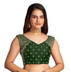 Pujia Mills WomenS Sequin Embroidered V Neck Sleeveless Green Readymade Saree Blouse Indian Ethnic Stitched Padded Blouses For 