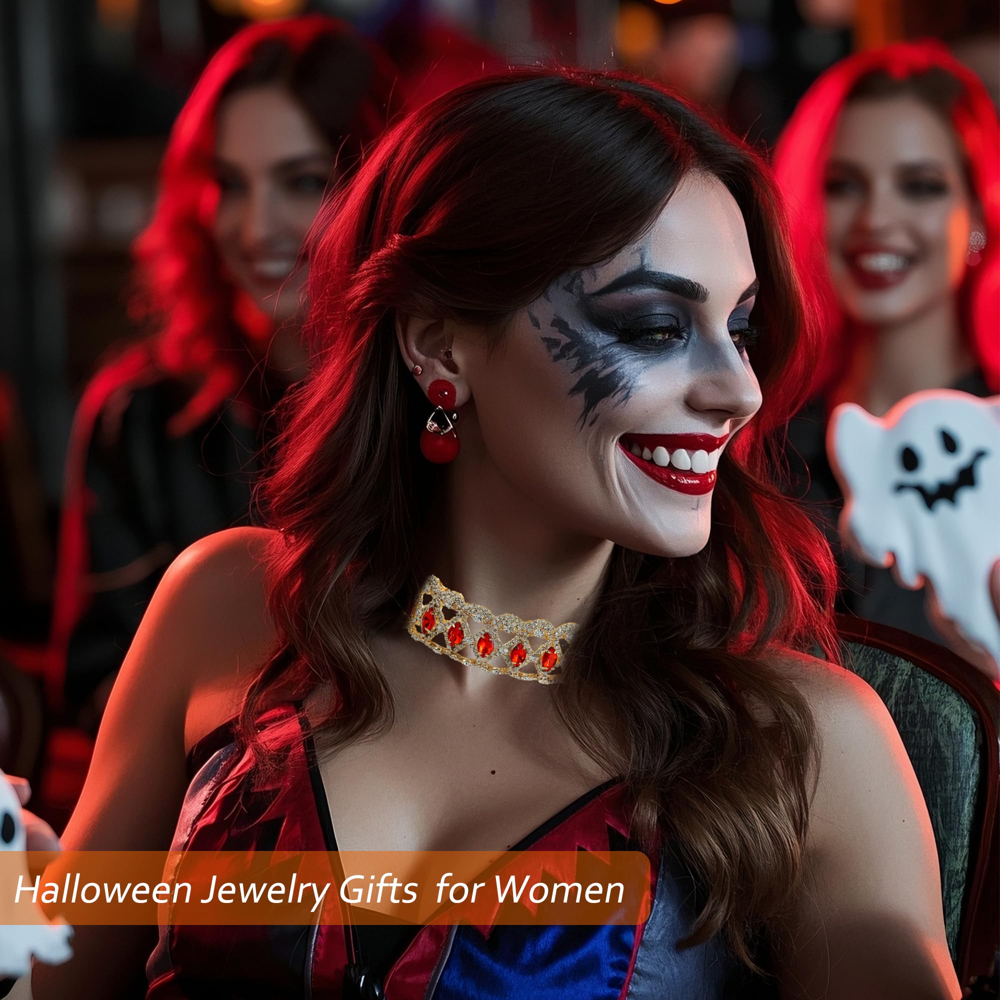 NABROJ Choker Necklace Halloween Jewelry for Women,Gold Chunky Diamond Red Rhinestone Ruby Choker Necklace Wide Necklaces Weedin