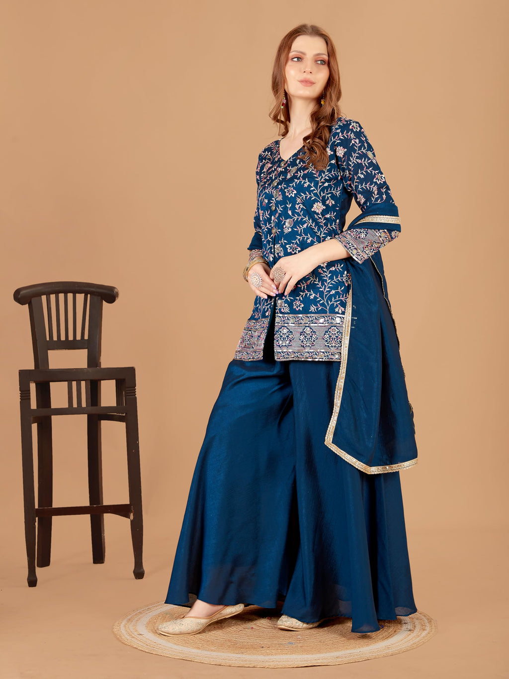 Xomantic Fashion Womens Beautiful Silk Short Kurta Palazzo In Blue With Embroidery And Sequins Work With Show Buttons (In, Alpha