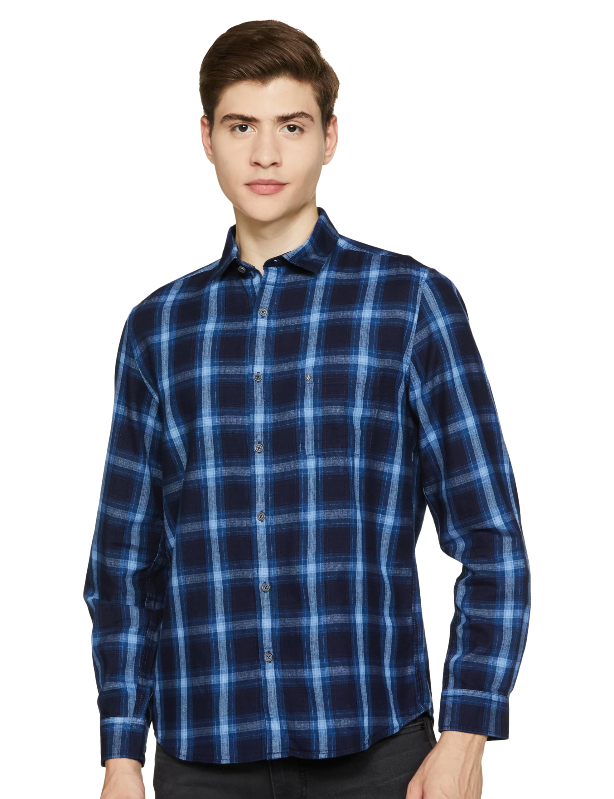 Turtle Men 100% Cotton Navy Blue Check Slim Fit Full Sleeve Casual Shirt