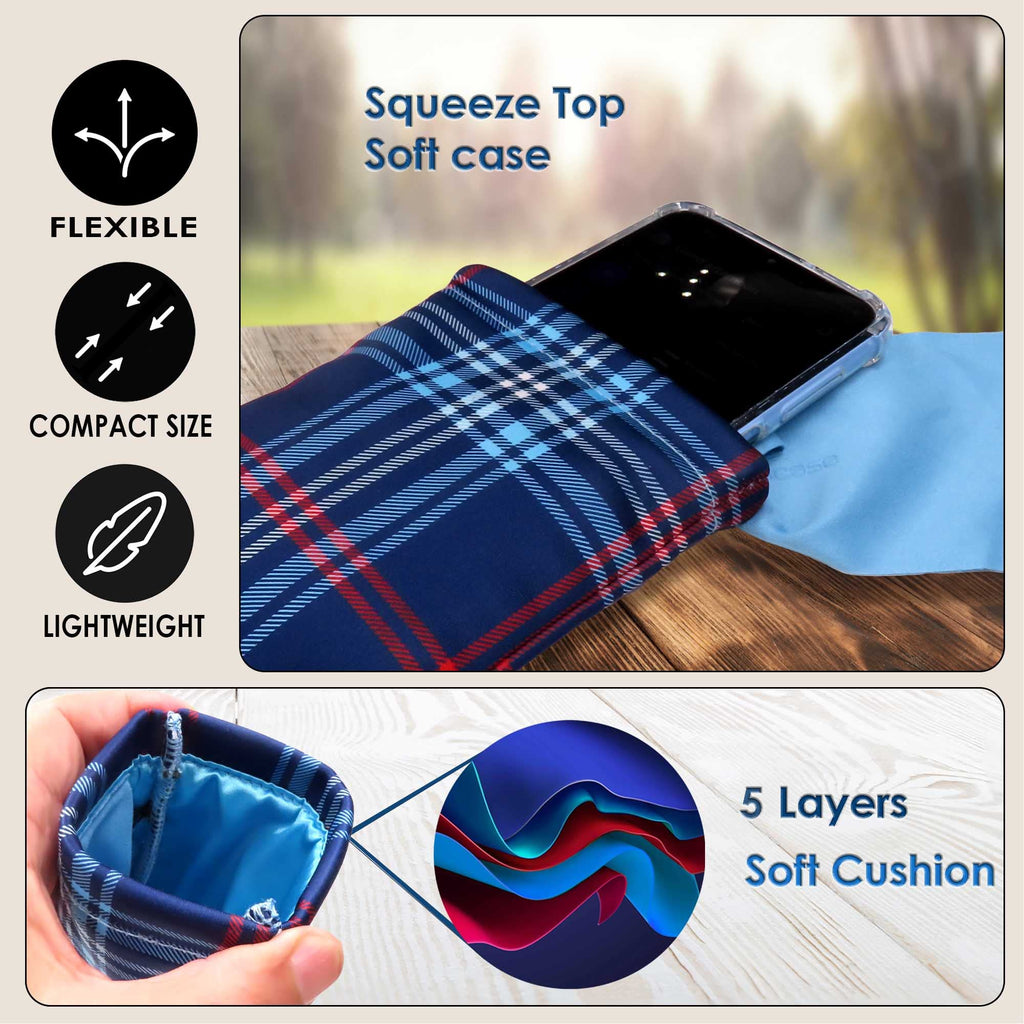 MyEyeglassCase Soft Sunglasses Case - Large Glasses Holder in Microfiber Plaid Print - XL Squeeze Top Eyeglass Pouch with Cloth