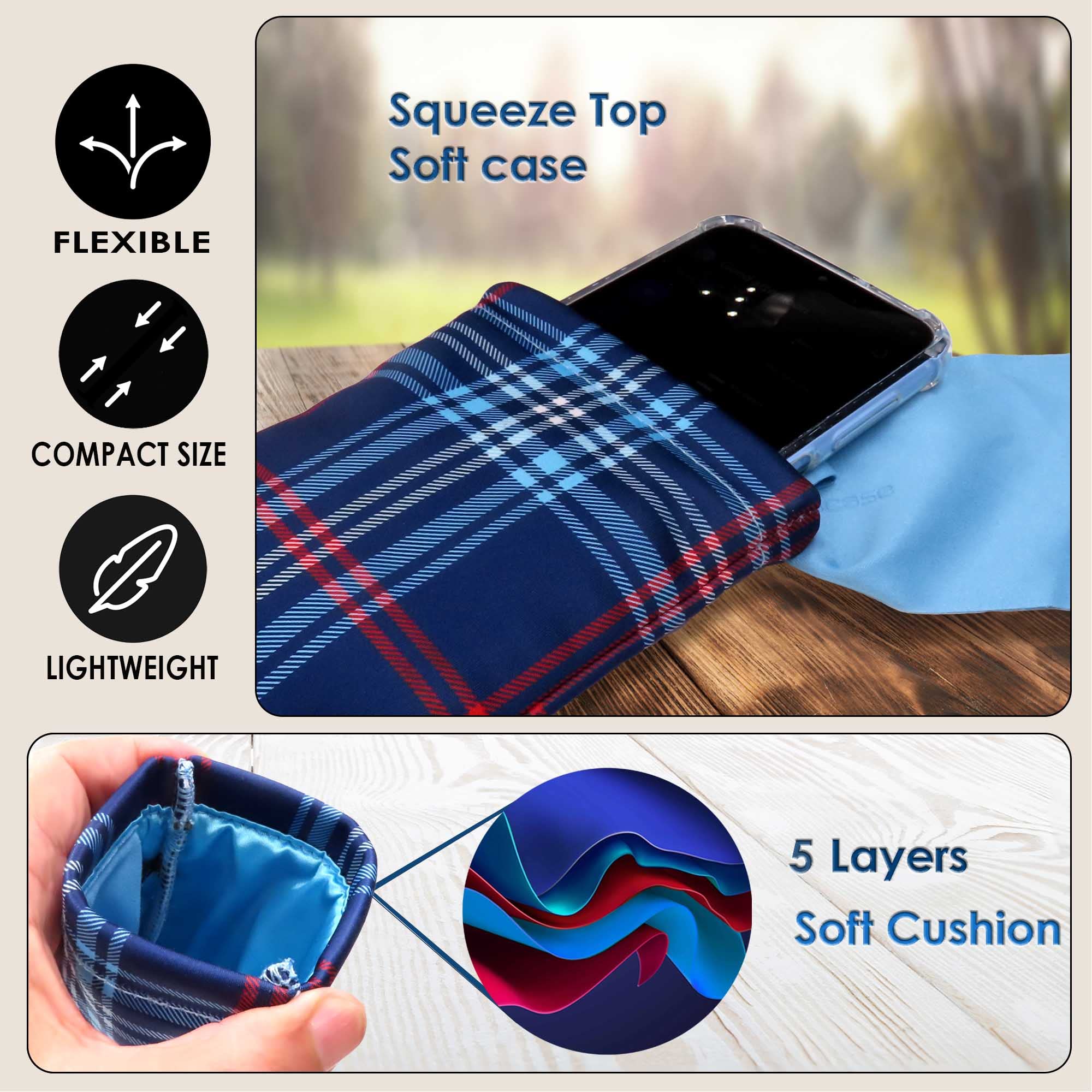 MyEyeglassCase Soft Sunglasses Case - Large Glasses Holder in Microfiber Plaid Print - XL Squeeze Top Eyeglass Pouch with Cloth