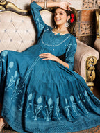 Ishin Teal Floral Printed Embellished Anarkali Dress With Tie-Up
