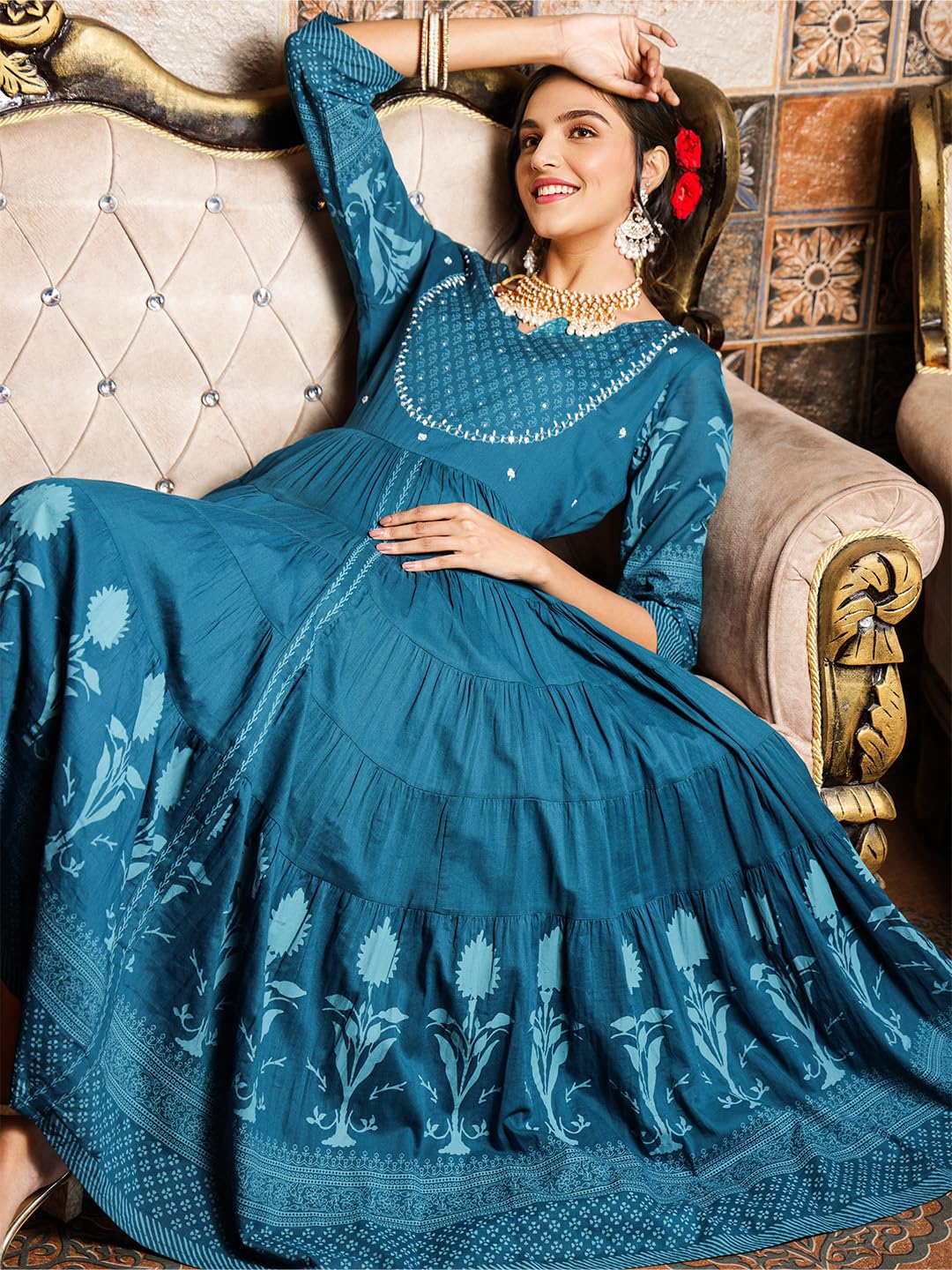 Ishin Teal Floral Printed Embellished Anarkali Dress With Tie-Up