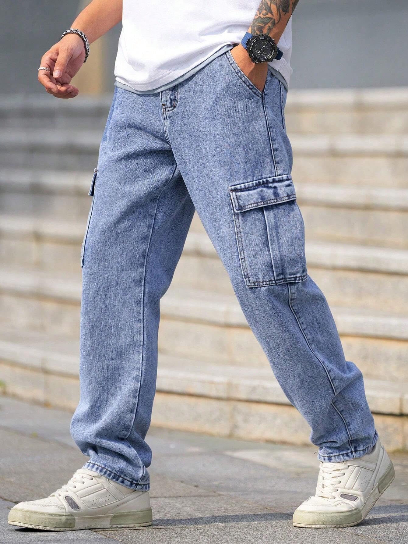 Men Loose Fit Mens Flip Pocket Cargo || Mens Stylish Cotton Loose Fit Denim Cargo Jeans || Multi-Pocket Styling || Perfect for