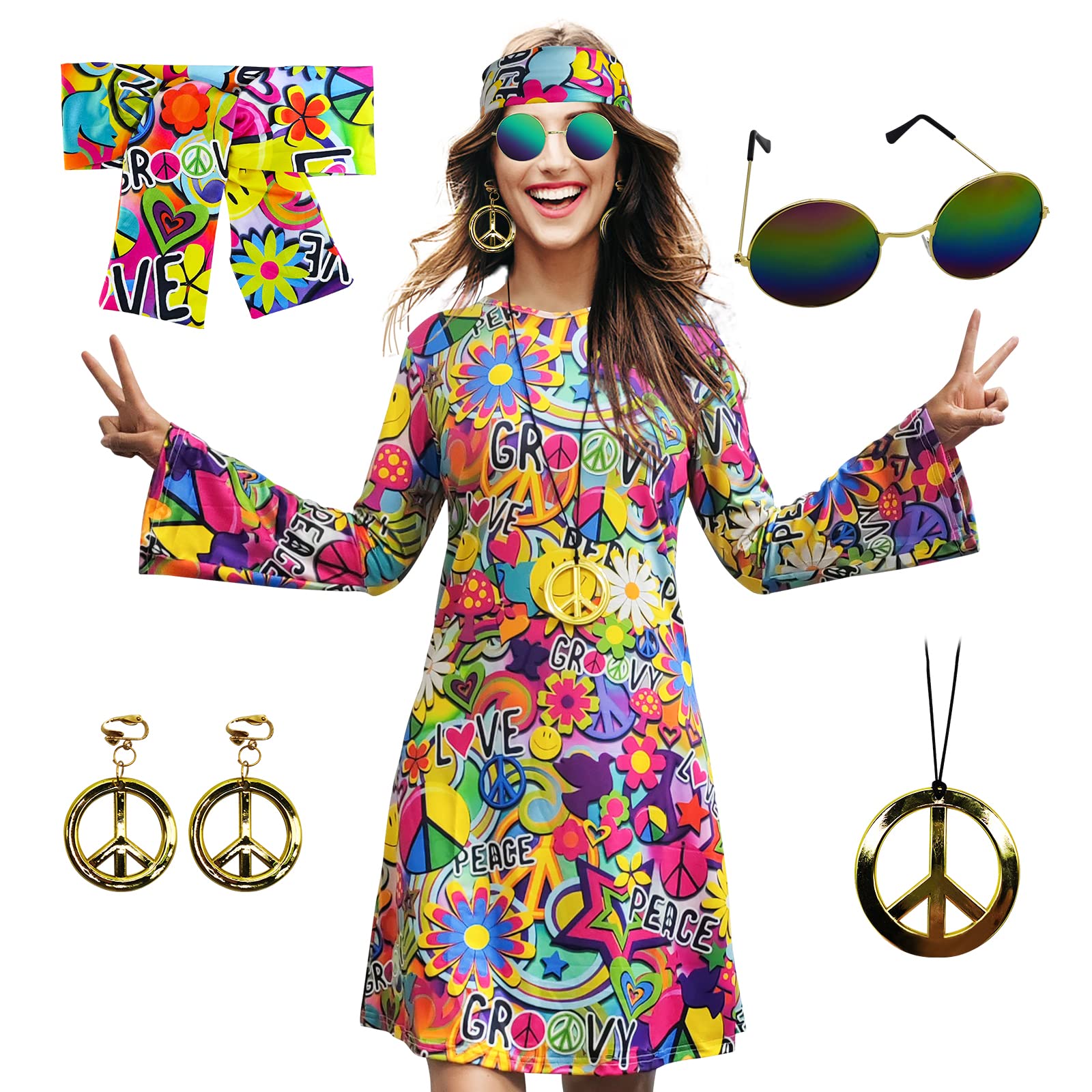 MRYUWB 70s Hippie Dress Costumes Necklace Earrings Sunglass Women Disco Outfit, 60s Party Costume, Halloween Retro Dresses (Love