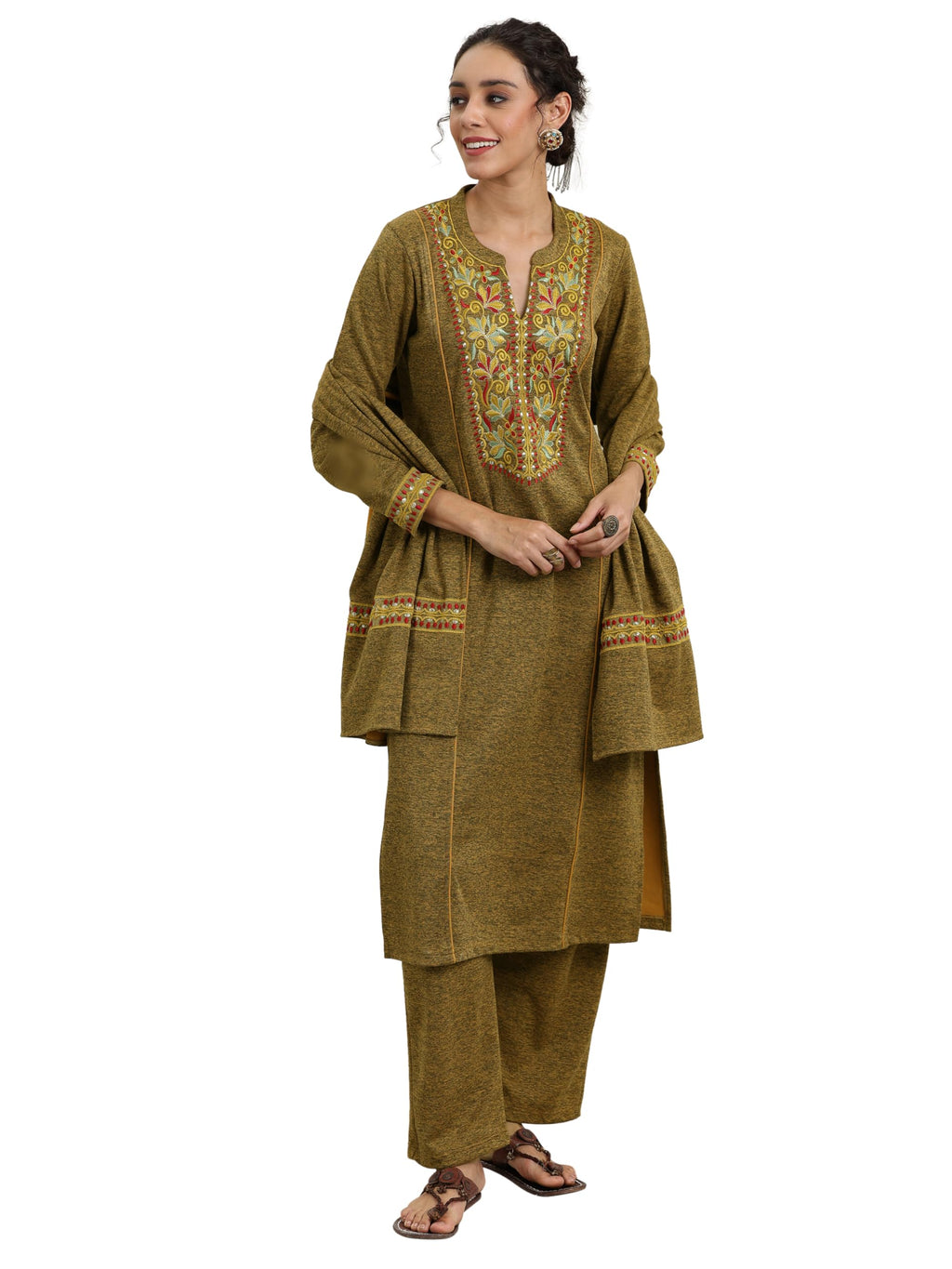 Libas Womens Yoke Design Wool Straight Kurta With Palazzos And Dupatta