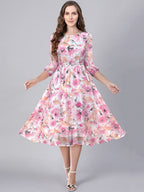 Toochki Pink Georgette Floral Fit & Flared Kurti Kurta Dress For Women A Line Suitable In Summer Latest Trendy Stylish Kurtas