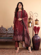Varanga Women Maroon Floral Printed Kurta Paired With Bottom And Dupatta