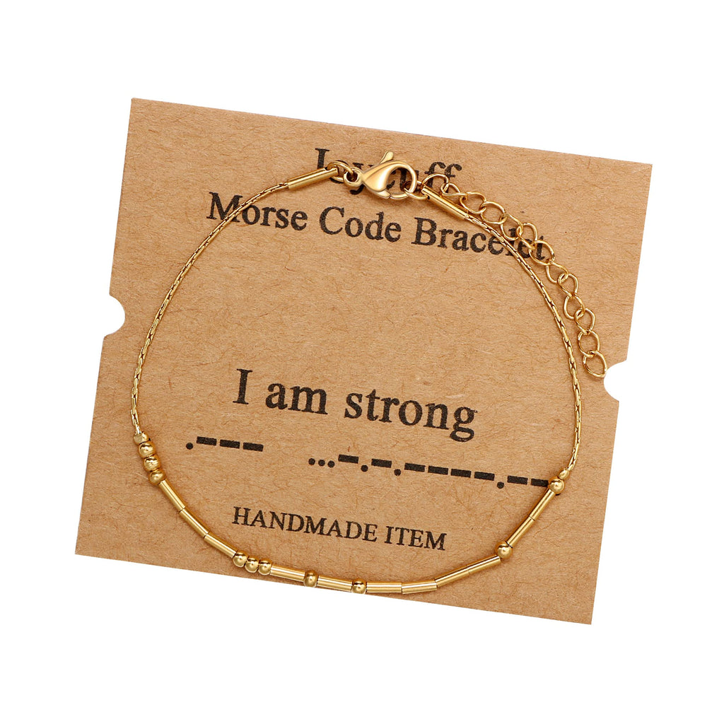 JoycuFF Gold Morse Code Bracelets for Women I Am Strong Inspirational Birthday Mother's Day Christmas Gifts for Best Friend Mom