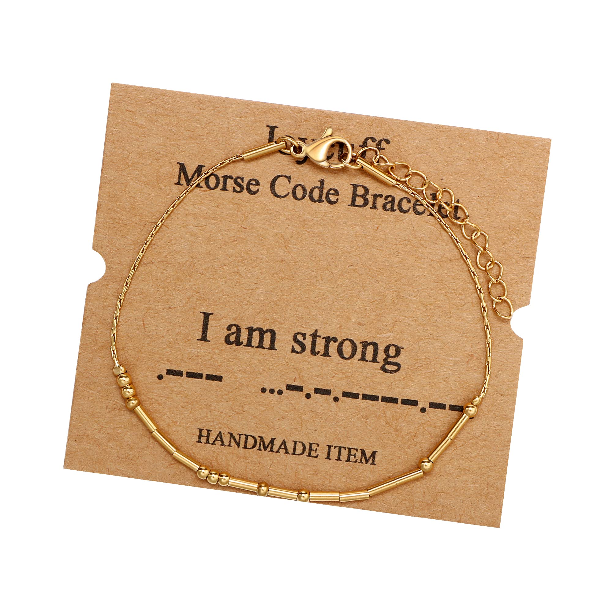 JoycuFF Gold Morse Code Bracelets for Women I Am Strong Inspirational Birthday Mother's Day Christmas Gifts for Best Friend Mom