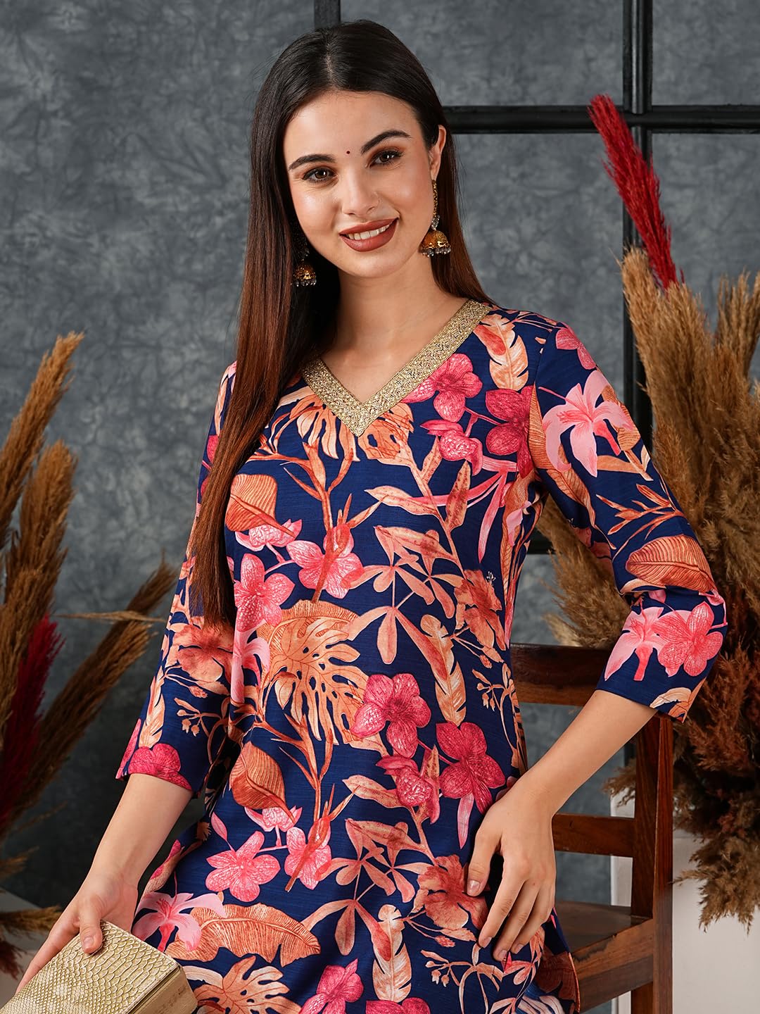 ANNI DESIGNER Women s Cotton Blend Kurta with Palazzo, Blue, L