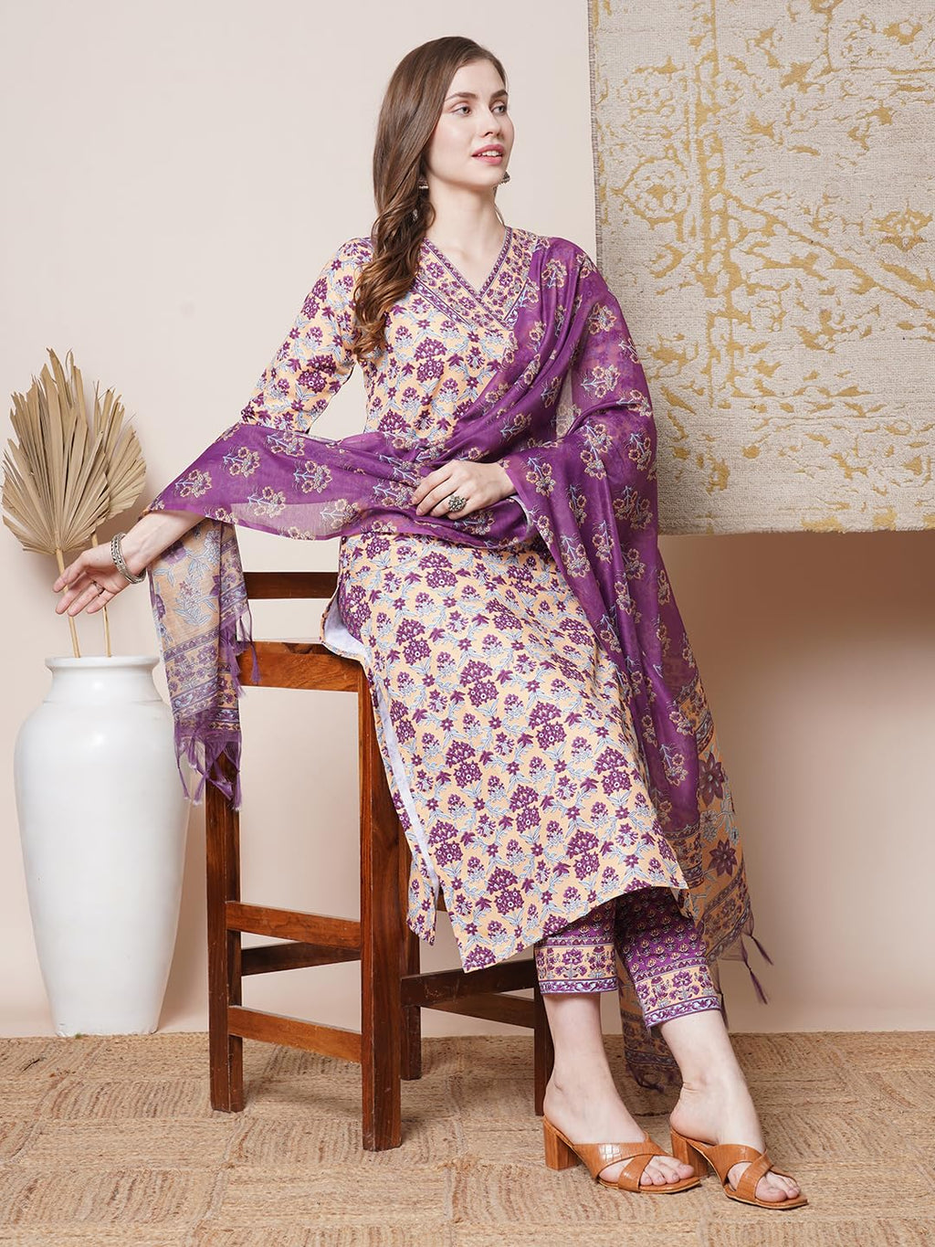 ANNI DESIGNER Women s Rayon Blend Kurta with Pants and Dupatta, Yellow, S