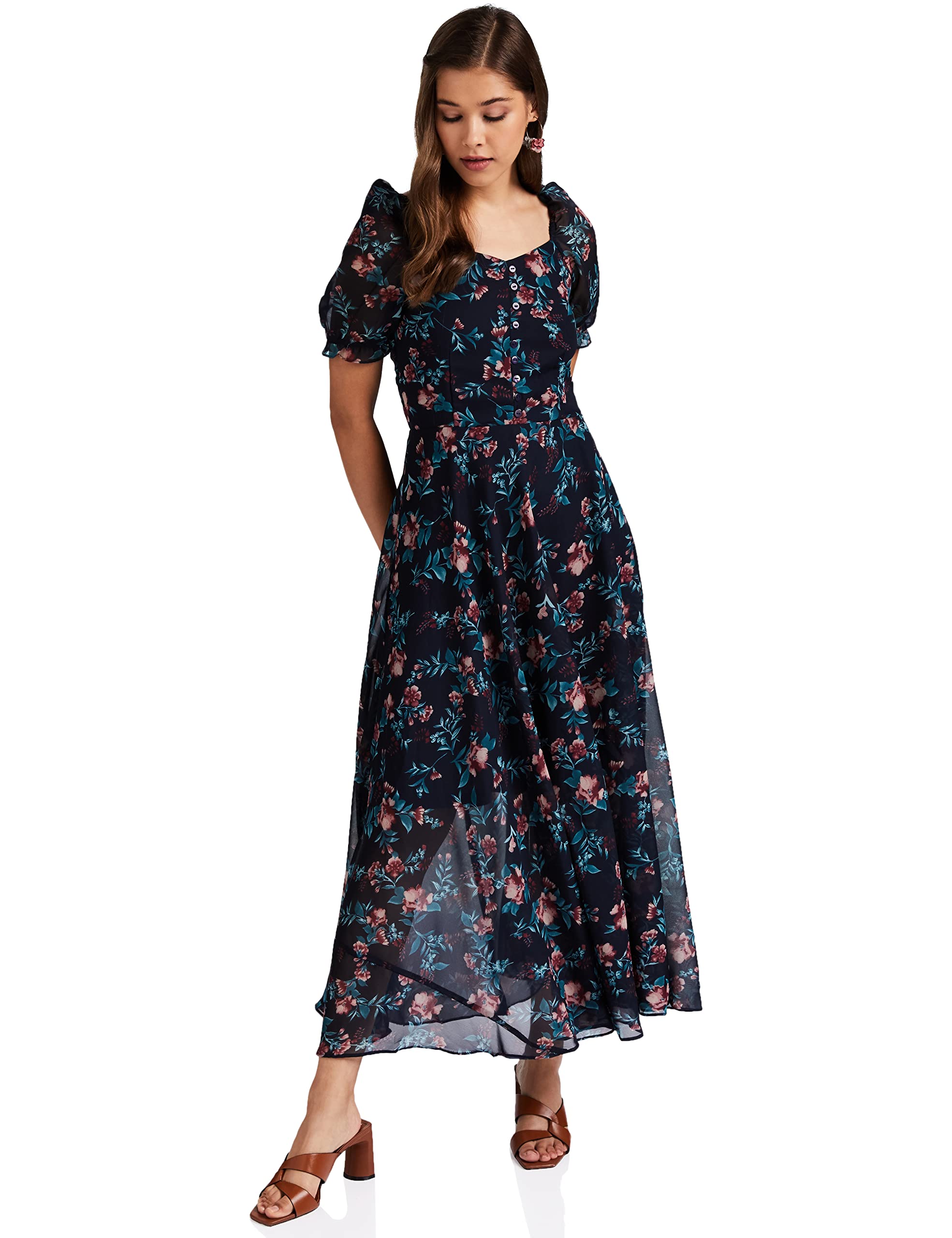 Rare London Women Georgette Fit And Flare Maxi Casual Dress (Ep6218_Blue_Large)