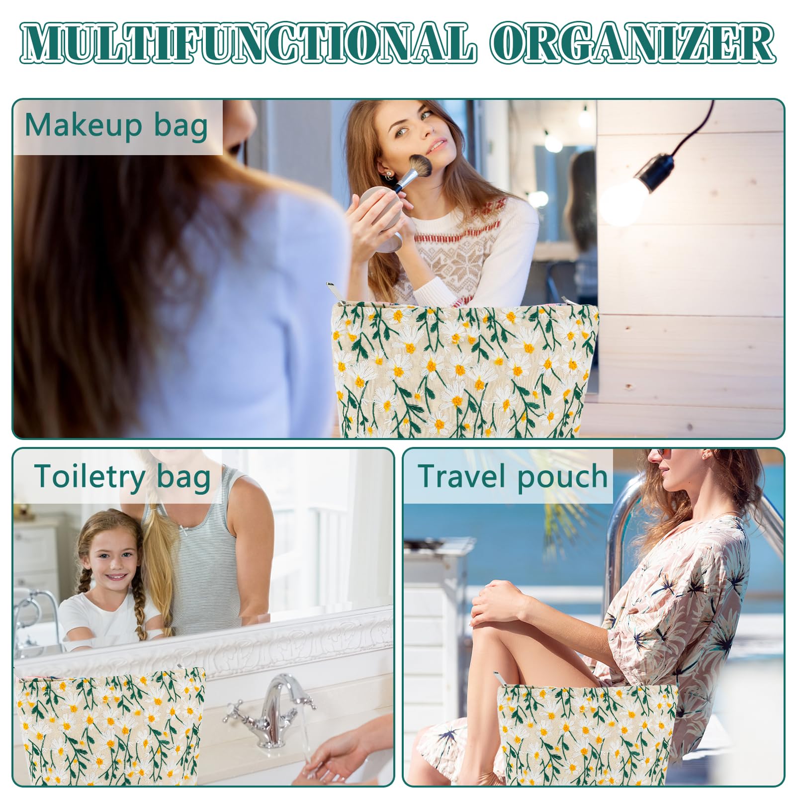 ZLFSRQ Daisy Flower Makeup Bag Travel Cute Floral Cosmetic Bag for Women Girls Small Embroidery Makeup Zipper Portable Storage T