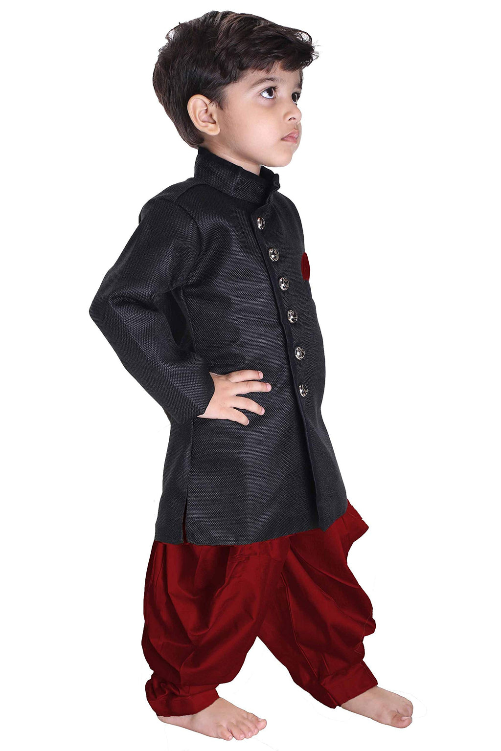 VASTRAMAY Baap Beta Cotton Blend Black and Maroon Indo Angrakha Style Sherwani Set for Father and Son - Perfect Ethnic Ensemble