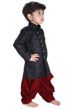 VASTRAMAY Baap Beta Cotton Blend Black and Maroon Indo Angrakha Style Sherwani Set for Father and Son - Perfect Ethnic Ensemble