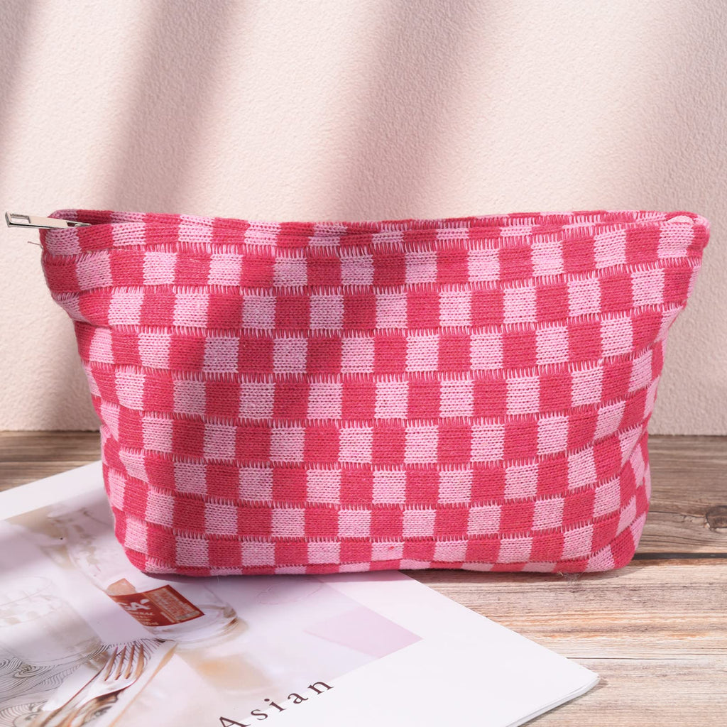 SOIDRAM 2 Pieces Makeup Bag Large Checkered Cosmetic Bag Capacity Canvas Travel Toiletry Bag Organizer Cute Makeup Brushes Aesth