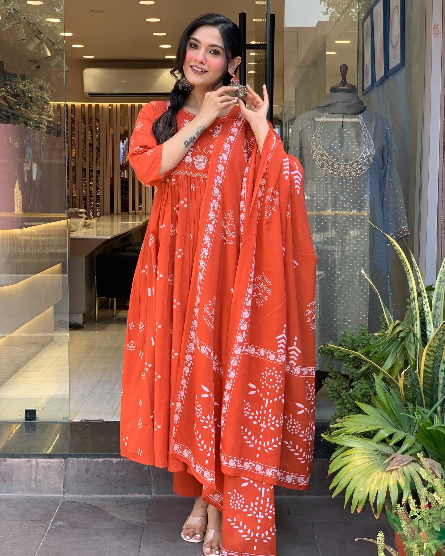 Gosriki Women'S Viscose Anarkali Kurta Set With Dupatta - Embroidered Orange Ethnic